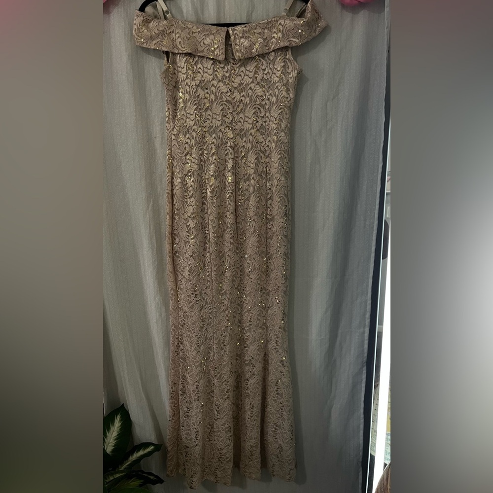 Cachet Sequin Lace Gown in Tan and Gold